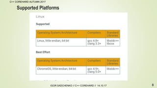 8
C++ COREHARD AUTUMN 2017
IGOR SADCHENKO // C++ COREHARD // 14.10.17
Supported Platforms
 