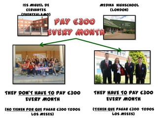 IES MIGUEL DE                    MEDINA HIGHSCHOOL
          CERVANTES                          (LONDON)
       (FUENTEALAMO)




THEY DON’T HAVE TO PAY £300           THEY HAVE TO PAY £300
       EVERY MONTH                        EVERY MONTH
(NO TIENEN POR QUE PAGAR £300 TODOS   (TIENEN QUE PAGAR £300 TODOS
             LOS MESES)                         LOS MESES)
 