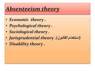 Absenteeism theory
• Economic theory .
• Psychological theory .
• Sociological theory .
• Jurisprudential theory .(‫القانون‬ ‫استخدام‬)
• Disability theory .
 