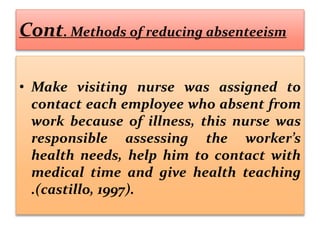 Cont. Methods of reducing absenteeism
• Make visiting nurse was assigned to
contact each employee who absent from
work because of illness, this nurse was
responsible assessing the worker’s
health needs, help him to contact with
medical time and give health teaching
.(castillo, 1997).
 