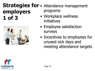 Strategies for
employers
1 of 3
• Attendance management
programs
• Workplace wellness
initiatives
• Employee satisfaction
surveys
• Incentives to employees for
unused sick days and
meeting attendance targets
Page 18
 