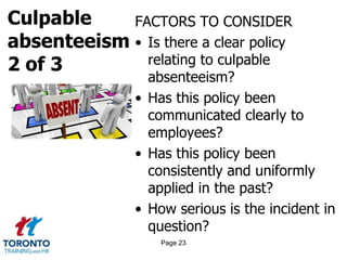 Culpable
absenteeism
2 of 3
FACTORS TO CONSIDER
• Is there a clear policy
relating to culpable
absenteeism?
• Has this policy been
communicated clearly to
employees?
• Has this policy been
consistently and uniformly
applied in the past?
• How serious is the incident in
question?
Page 23
 