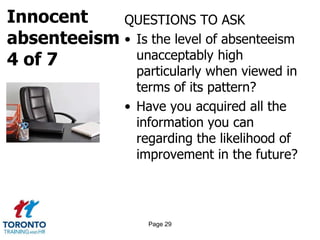 Innocent
absenteeism
4 of 7
QUESTIONS TO ASK
• Is the level of absenteeism
unacceptably high
particularly when viewed in
terms of its pattern?
• Have you acquired all the
information you can
regarding the likelihood of
improvement in the future?
Page 29
 