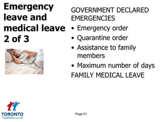 Emergency
leave and
medical leave
2 of 3
GOVERNMENT DECLARED
EMERGENCIES
• Emergency order
• Quarantine order
• Assistance to family
members
• Maximum number of days
FAMILY MEDICAL LEAVE
Page 41
 