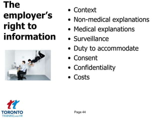 The
employer’s
right to
information
• Context
• Non-medical explanations
• Medical explanations
• Surveillance
• Duty to accommodate
• Consent
• Confidentiality
• Costs
Page 44
 