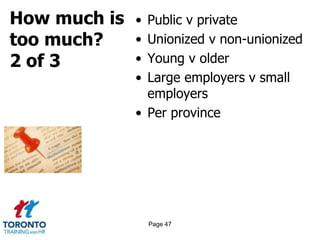 How much is
too much?
2 of 3
• Public v private
• Unionized v non-unionized
• Young v older
• Large employers v small
employers
• Per province
Page 47
 