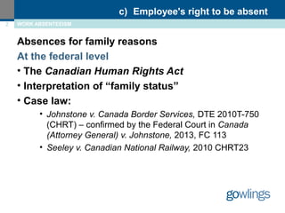 2 WORK ABSENTEEISM 
c) Employee's right to be absent 
Absences for family reasons 
At the federal level 
• The Canadian Human Rights Act 
• Interpretation of “family status” 
• Case law: 
• Johnstone v. Canada Border Services, DTE 2010T-750 
(CHRT) – confirmed by the Federal Court in Canada 
(Attorney General) v. Johnstone, 2013, FC 113 
• Seeley v. Canadian National Railway, 2010 CHRT23 
 