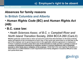 2 WORK ABSENTEEISM 
c) Employee's right to be absent 
Absences for family reasons 
In British Columbia and Alberta 
• Human Rights Code (BC) and Human Rights Act 
(AB) 
• B.C. case law: 
• Heath Sciences Assoc. of B.C. v. Campbell River and 
North Island Transition Society, 2004 BCCA 260 (CanLII) 
Whether particular conduct does or does not amount to prima facie discrimination on the basis of family 
status will depend on the circumstances of each case. In the usual case where there is no bad faith on the 
part of the employer and no governing provision in the applicable collective agreement or employment 
contract, it seems to me that a prima facie case of discrimination is made out when a change in a term or 
condition of employment imposed by an employer results in a serious interference with a substantial 
parental or other family duty or obligation of the employee. I think that in the vast majority of situations in 
which there is a conflict between a work requirement and a family obligation it would be difficult to make 
out a prima facie case. 
 