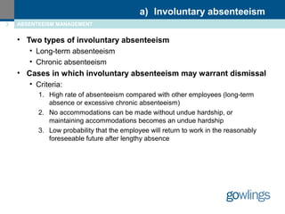 a) Involuntary absenteeism 
3 ABSENTEEISM MANAGEMENT 
• Two types of involuntary absenteeism 
• Long-term absenteeism 
• Chronic absenteeism 
• Cases in which involuntary absenteeism may warrant dismissal 
• Criteria: 
1. High rate of absenteeism compared with other employees (long-term 
absence or excessive chronic absenteeism) 
2. No accommodations can be made without undue hardship, or 
maintaining accommodations becomes an undue hardship 
3. Low probability that the employee will return to work in the reasonably 
foreseeable future after lengthy absence 
 