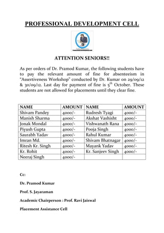 PROFESSIONAL DEVELOPMENT CELL




                     ATTENTION SENIORS!!

As per orders of Dr. Pramod Kumar, the following students have
to pay the relevant amount of fine for absenteeism in
“Assertiveness Workshop” conducted by Dr. Kumar on 29/09/12
& 30/09/12. Last day for payment of fine is 5th October. These
students are not allowed for placements until they clear fine.


NAME                   AMOUNT      NAME                AMOUNT
Shivam Pandey          4000/-      Rudresh Tyagi       4000/-
Manish Sharma          4000/-      Akshat Vashisht     4000/-
Jonak Mondal           4000/-      Vishwanath Rana     4000/-
Piyush Gupta           4000/-      Pooja Singh         4000/-
Saurabh Yadav          4000/-      Rahul Kumar         4000/-
Imran Md.              4000/-      Shivam Bhatnagar    4000/-
Ritesh Kr. Singh       4000/-      Mayank Yadav        4000/-
Kr. Rohit              4000/-      Kr. Sanjeev Singh   4000/-
Neeraj Singh           4000/-


Cc:

Dr. Pramod Kumar

Prof. S. Jayaraman

Academic Chairperson : Prof. Ravi Jaiswal

Placement Assistance Cell
 