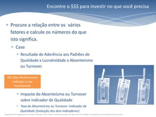 Encontre o $$$ para investir no que você precisa


        Procure a relação entre os vários
        fatores e calcule os números do que
        isto significa.
               Case
                      Resultado de Aderência aos Padrões de
                      Qualidade x Lucratividade x Absenteísmo
                      ou Turnover.

   KPI (Key Performance
       Indicator a ser
        monitorado

                      Impacto do Absenteísmo ou Turnover
                      sobre Indicador de Qualidade
                      Taxa de Absenteísmo ou Turnover: Indicador de
                      Qualidade (Evolução dos dois indicadores)
Copyright© 2011 HuggardCaine Consultoria e Gestão em RH. Todos os direitos reservados. All rights reserved. Proibida a reprodução sem autorização prévia por escrito.
 