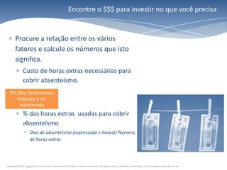 Encontre o $$$ para investir no que você precisa


        Procure a relação entre os vários
        fatores e calcule os números que isto
        significa.
               Custo de horas extras necessárias para
               cobrir absenteísmo.
  KPI (Key Performance
      Indicator a ser
       monitorado
               % das horas extras usadas para cobrir
               absenteísmo
                      Dias de absenteísmo (expressado e horas)/ Número
                      de horas extras




Copyright© 2011 HuggardCaine Consultoria e Gestão em RH. Todos os direitos reservados. All rights reserved. Proibida a reprodução sem autorização prévia por escrito.
 