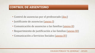 CONTROL DE ABSENTISMO
• Control de ausencias por el profesorado (doc)
• Justificante de ausencias (anexo I)
• Comunicación de ausencias a las familias (anexo II)
• Requerimiento de justificación a las familias (anexo III)
• Comunicación a Servicios Sociales (anexo IV)
COLEGIO PÚBLICO “EL QUIRINAL” – AVILÉS
 