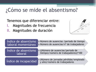 ¿Cómo se mide el absentismo?
Tenemos que diferenciar entre:
I. Magnitudes de frecuencia
II. Magnitudes de duración
• Número de ausencias /periodo de tiempo
• Número de ausencias/nº de trabajadores
Índice de absentismo
laboral momentáneo
• ((Número de ausencias/periodo de
tiempo)/número de trabajadores))*100
Índice de absentismo
laboral
• (Número de jornadas pérdidas/empleado
y año)/número de trabajadoresÍndice de incapacidad
 