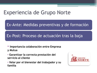 Experiencia de Grupo Norte
Ex-Ante: Medidas preventivas y de formación
Ex–Post: Proceso de actuación tras la baja
• Importancia colaboración entre Empresa
y Mutua
• Garantizar la correcta prestación del
servicio al cliente
• Velar por el bienestar del trabajador y su
familia
 
