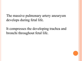 The massive pulmonary artery aneurysm 
develops during fetal life. 
It compresses the developing trachea and 
bronchi throughout fetal life. 
 