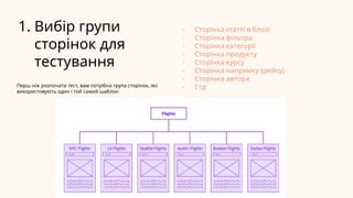 1. Вибір групи
сторінок для
тестування
Перш ніж розпочати тест, вам потрібна група сторінок, які
використовують один і той самий шаблон
- Сторінка статті в блозі
- Сторінка фільтра
- Сторінка категорії
- Сторінка продукту
- Сторінка курсу
- Сторінка напрямку (рейсу)
- Сторінка автора
- І тд
 