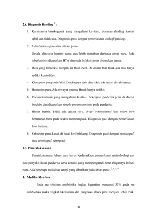 2.6. Diagnosis Banding 2 :

   1. Karsimoma bronkogenik yang mengalami kavitasi, biasanya dinding kavitas

       tebal dan tidak rata. Diagnosis pasti dengan pemeriksaan sitologi/patologi.

   2. Tuberkulosis paru atau infeksi jamur

       Gejala klinisnya hampir sama atau lebih menahun daripada abses paru. Pada

       tuberkulosis didapatkan BTA dan pada infeksi jamur ditemukan jamur.

   3. Bula yang terinfeksi, tampak air fluid level. Di sekitar bula tidak ada atau hanya

       sedikit konsolidasi.

   4. Kista paru yang terinfeksi. Dindingnya tipis dan tidak ada reaksi di sekitarnya.

   5. Hematom paru. Ada riwayat trauma. Batuk hanya sedikit.

   6. Pneumokoniosis yang mengalami kavitasi. Pekerjaan penderita jelas di daerah

       berdebu dan didapatkan simple pneumoconiosis pada penderita.

   7. Hiatus hernia. Tidak ada gejala paru. Nyeri restrosternal dan heart burn

       bertambah berat pada waktu membungkuk. Diagnosis pasti dengan pemeriksaan

       foto barium.

   8. Sekuester paru. Letak di basal kiri belakang. Diagnosis pasti dengan bronkografi

       atau arteriografi retrograd.

2.7. Penatalaksanaan

       Penatalaksanaan Abses paru harus berdasarkkan pemeriksaan mikrobiologi dan

data penyakit dasar penderita serta kondisi yang mempengaruhi berat ringannya infeksi

paru. Ada beberapa modalitas terapi yang diberikan pada abses paru : 2, 4, 5, 9

1. Medika Mentosa

           Pada era sebelum antibiotika tingkat kematian mencapai 33% pada era

   antibiotika maka tingkat kkematian dan prognosa abses paru menjadi lebih baik.



                                            10
 