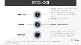 ETIOLOGI
BAKTERI
• Terbanyak: Streptococcus (S. anginosus, S.
constellatus, dan S. intermedius), S. aureus
• Pada neonates: Citrobacter koseri, Cronobacter
sakazakii, Serratia marcescens, dan Proteus
mirabilis
• Pada PJB: S. aureus dan S. viridans
• Aspergillus, Candida, Cryptococcus
• Toxoplasma, Trypanosoma cruzi, Taenia
solium, Entamoeba histolytica, Schistosoma
spp., Microsporidia spp., dan Paragonimus
spp
JAMUR
PARASIT
Sahbudak Bal Z, Eraslan C, Bolat E, et al. Brain Abscess in Children: A Rare but Serious Infection. Clinical Pediatrics. 2018;57(5):574-579.
doi:10.1177/0009922817733301
 