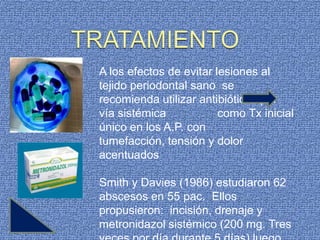 A los efectos de evitar lesiones al
tejido periodontal sano se
recomienda utilizar antibióticos por
vía sistémica            como Tx inicial
único en los A.P. con
tumefacción, tensión y dolor
acentuados

Smith y Davies (1986) estudiaron 62
abscesos en 55 pac. Ellos
propusieron: incisión, drenaje y
metronidazol sistémico (200 mg. Tres
 