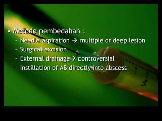 • Metode pembedahan :
– Needle aspiration  multiple or deep lesion
– Surgical excision
– External drainage controversial
– Instillation of AB directly into abscess
 