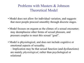 Problems with Masters & Johnson
Theoretical Model
• Model does not allow for individual variation, and suggests
that most people proceed smoothly through discrete stages.
• Model focuses on orgasm as the climax of a sexual encounter;
may deemphasize other forms of sexual pleasure, and
pressure couples to meet this sexual “goal”.
• Model is physiological, and does not include cognitive or
emotional aspects of sexuality.
– Implication may be that sexual function (and dysfunctions)
are mainly physiological, rather than psychological or
relational
 