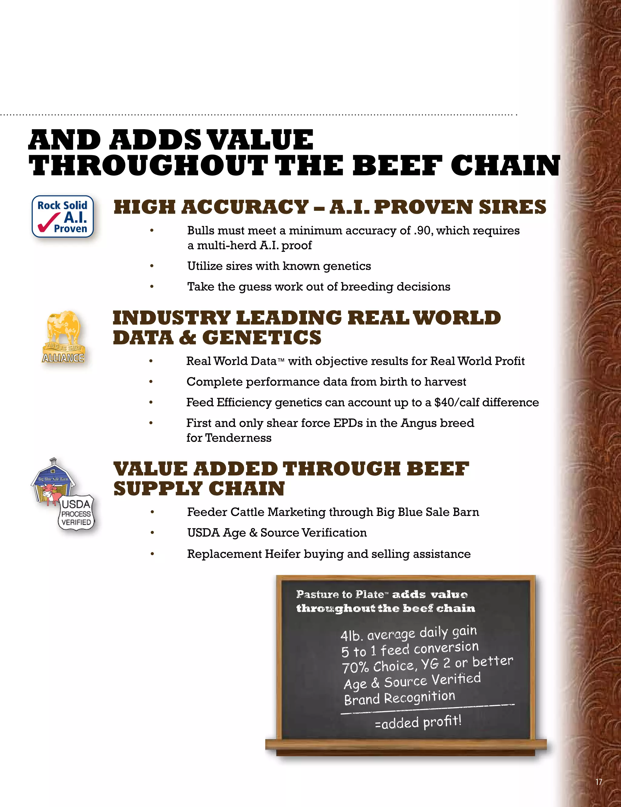 And AddS vALuE
THROugHOuT THE BEEF CHAIn
Rock Solid
      A.I.
               HIgH ACCuRACy – A.I. PROvEn SIRES
    Proven       •   Bulls must meet a minimum accuracy of .90, which requires
.99 Accuracy         a multi-herd A.I. proof
                 •   Utilize sires with known genetics
                 •   Take the guess work out of breeding decisions

               InduSTRy LEAdIng REAL WORLd
               dATA  gEnETICS
                 •   Real World Data™ with objective results for Real World Profit
                 •   Complete performance data from birth to harvest
                 •   Feed Efficiency genetics can account up to a $40/calf difference
                 •   First and only shear force EPDs in the Angus breed
                     for Tenderness

               vALuE AddEd THROugH BEEF
               SuPPLy CHAIn
                 •   Feeder Cattle Marketing through Big Blue Sale Barn
                 •   USDA Age  Source Verification
                 •   Replacement Heifer buying and selling assistance




                                                                                        17
 