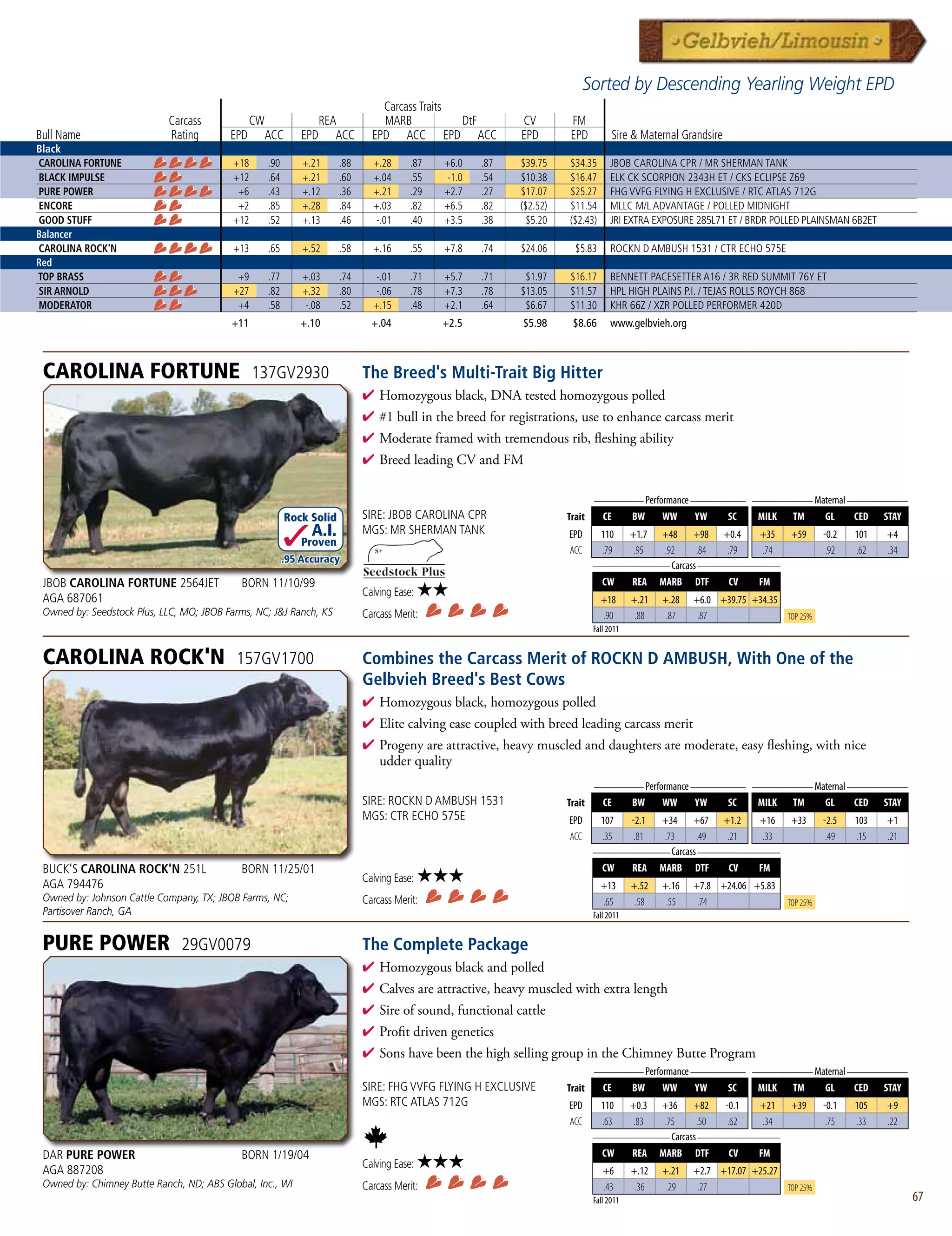 Sorted by Descending Yearling Weight EPD
                                                                                  Carcass Traits
                            Carcass             CW                   REA          MARB           DtF          CV         FM
Bull Name                   Rating        EPD        ACC       EPD      ACC     EPD ACC EPD ACC               EPD        EPD          Sire  Maternal Grandsire
Black
CAROLINA FORTUNE                           +18       .90       +.21     .88     +.28      .87   +6.0    .87   $39.75    $34.35       JBOB CAROLINA CPR / MR SHERMAN TANK
BLACK IMPULSE                              +12       .64       +.21     .60     +.04      .55    -1.0   .54   $10.38    $16.47       ELK CK SCORPION 2343H ET / CKS ECLIPSE Z69
PURE POWER                                  +6       .43       +.12     .36     +.21      .29   +2.7    .27   $17.07    $25.27       FHG VVFG FLYING H EXCLUSIVE / RTC ATLAS 712G
ENCORE                                      +2       .85       +.28     .84     +.03      .82   +6.5    .82   ($2.52)   $11.54       MLLC M/L ADVANTAGE / POLLED MIDNIGHT
GOOD STUFF                                 +12       .52       +.13     .46      -.01     .40   +3.5    .38     $5.20   ($2.43)      JRI EXTRA EXPOSURE 285L71 ET / BRDR POLLED PLAINSMAN 6B2ET
Balancer
CAROLINA ROCK'N                            +13       .65       +.52     .58     +.16      .55   +7.8    .74   $24.06      $5.83      ROCKN D AMBUSH 1531 / CTR ECHO 575E
Red
TOP BRASS                                   +9       .77       +.03     .74      -.01     .71   +5.7    .71    $1.97     $16.17      BENNETT PACESETTER A16 / 3R RED SUMMIT 76Y ET
SIR ARNOLD                                 +27       .82       +.32     .80      -.06     .78   +7.3    .78   $13.05     $11.57      HPL HIGH PLAINS P.I. / TEJAS ROLLS ROYCH 868
MODERATOR                                   +4       .58        -.08    .52     +.15      .48   +2.1    .64    $6.67     $11.30      KHR 66Z / XZR POLLED PERFORMER 420D
                                          +11                 +.10              +.04            +2.5          $5.98      $8.66       www.gelbvieh.org



 CAROLINA FORTUNE                                137GV2930                    The Breed's Multi-Trait Big Hitter
                                                                              4  omozygousblack,DNAtestedhomozygouspolled
                                                                                H
                                                                              4 #1bullinthebreedforregistrations,usetoenhancecarcassmerit
                                                                              4 Moderateframedwithtremendousrib,fleshingability
                                                                              4 BreedleadingCVandFM

                                                                                                                                _________ Performance __________ ___________ Maternal ___________
                                                           Rock Solid         SIRE: JBOB CAROLINA CPR                   Trait      CE       BW     WW     YW      SC    MILK    TM       GL     CED   STAY
                                                                 A.I.         MGS: MR SHERMAN TANK                      EPD      110 +1.7 +48 +98 +0.4            +35 +59                -0.2   101   +4
                                                               Proven
                                                                                                                        ACC       .79  .95   .92      .84   .79    .74                    .92   .62   .34
                                                           .95 Accuracy                                                         ______________ Carcass _______________
 JBOB CAROLINA FORTUNE 2564JET              BORN 11/10/99                                                                          CW       REA    MARB   DTF     CV    FM
 AGA 687061
                                                                              Calving Ease:   ★★                                  +18       +.21   +.28   +6.0 +39.75 +34.35
 Owned by: Seedstock Plus, LLC, MO; JBOB Farms, NC; JJ Ranch, KS             Carcass Merit:                                      .90        .88    .87    .87               Top 25%
                                                                                                                                Fall 2011


 CAROLINA ROCK'N                           157GV1700                          Combines the Carcass Merit of ROCKN D AMBUSH, With One of the
                                                                              Gelbvieh Breed's Best Cows
                                                                              4  omozygousblack,homozygouspolled
                                                                                H
                                                                              4 Elitecalvingeasecoupledwithbreedleadingcarcassmerit
                                                                              4 Progenyareattractive,heavymuscledanddaughtersaremoderate,easyfleshing,withnice
                                                                               udderquality
                                                                                                                                _________ Performance __________ ___________ Maternal ___________
                                                                              SIRE: ROCKN D AMBUSH 1531                 Trait     CE   BW      WW      YW    SC   MILK TM      GL      CED STAY
                                                                              MGS: CTR ECHO 575E                        EPD      107   -2.1  +34 +67 +1.2         +16 +33                -2.5   103   +1
                                                                                                                        ACC       .35   .81  .73      .49   .21    .33                    .49   .15   .21
                                                                                                                                ______________ Carcass _______________
 BUCK'S CAROLINA ROCK'N 251L                BORN 11/25/01                                                                          CW       REA    MARB   DTF     CV    FM
 AGA 794476
                                                                              Calving Ease:   ★★★                                 +13       +.52   +.16   +7.8 +24.06 +5.83
 Owned by: Johnson Cattle Company, TX; JBOB Farms, NC;                        Carcass Merit:                                      .65        .58    .55    .74                 Top 25%
 Partisover Ranch, GA                                                                                                           Fall 2011


 PURE POWER                    29GV0079                                       The Complete Package
                                                                              4  omozygousblackandpolled
                                                                                H
                                                                              4 Calvesareattractive,heavymuscledwithextralength
                                                                              4 Sireofsound,functionalcattle
                                                                              4 Profitdrivengenetics
                                                                              4 SonshavebeenthehighsellinggroupintheChimneyButteProgram
                                                                                                                                _________ Performance __________ ___________ Maternal ___________
                                                                              SIRE: FHG VVFG FLYING H EXCLUSIVE         Trait     CE   BW      WW      YW    SC   MILK TM      GL      CED STAY
                                                                              MGS: RTC ATLAS 712G                       EPD      110 +0.3 +36 +82           -0.1  +21 +39                -0.1   105   +9
                                                                                                                        ACC       .63  .83   .75      .50    .62   .34                    .75   .33   .22
                                                                                                                                ______________ Carcass _______________
 DAR PURE POWER                             BORN 1/19/04                                                                           CW       REA    MARB   DTF     CV    FM
 AGA 887208
                                                                              Calving Ease:   ★★★                                  +6       +.12   +.21   +2.7 +17.07 +25.27
 Owned by: Chimney Butte Ranch, ND; ABS Global, Inc., WI                      Carcass Merit:                                       .43       .36    .29    .27               Top 25%
                                                                                                                                Fall 2011                                                                    67
 