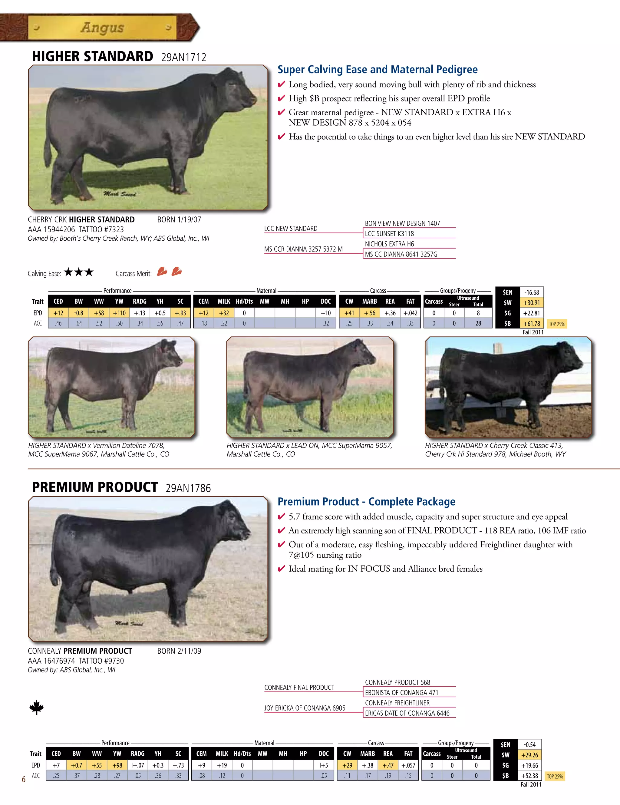 HIGHER STANDARD                                     29AN1712
                                                                                           Super Calving Ease and Maternal Pedigree
                                                                                           4  ongbodied,verysoundmovingbullwithplentyofribandthickness
                                                                                             L
                                                                                           4 High$BprospectreflectinghissuperoverallEPDprofile
                                                                                           4 Greatmaternalpedigree-NEWSTANDARDxEXTRAH6x
                                                                                            NEWDESIGN878x5204x054
                                                                                           4 HasthepotentialtotakethingstoanevenhigherlevelthanhissireNEWSTANDARD




    CHERRY CRK HIGHER STANDARD                         BORN 1/19/07                                                       BON VIEW NEW DESIGN 1407
    AAA 15944206 TATTOO #7323                                                          LCC NEW STANDARD
                                                                                                                          LCC SUNSET K3118
    Owned by: Booth's Cherry Creek Ranch, WY; ABS Global, Inc., WI
                                                                                                                          NICHOLS EXTRA H6
                                                                                       MS CCR DIANNA 3257 5372 M
                                                                                                                          MS CC DIANNA 8641 3257G

    Calving Ease:   ★★★              Carcass Merit:
          _______________ Performance ________________ _________________ Maternal ________________ ________ Carcass _________ ____ Groups/Progeny ____
                                                                                                                                                                       $EN    -16.68
                                                                                                                                          Ultrasound
     Trait CED   BW    WW      YW RADG YH         SC    CEM MILK Hd/Dts MW         MH    HP   DOC   CW MARB REA          FAT Carcass Steer        Total                $W     +30.91
      EPD     +12    -0.8   +58   +110      +.13      +0.5    +.93   +12   +32   0                        +10      +41   +.56   +.36   +.042     0      0       8       $G    +22.81
      ACC     .46     .64   .52    .50       .34       .55     .47   .18   .22   0                        .32      .25    .33    .34    .33      0      0      28       $B    +61.78      Top 25%
                                                                                                                                                                              Fall 2011




    HIGHER STANDARD x Vermilion Dateline 7078,                               HIGHER STANDARD x LEAD ON, MCC SuperMama 9057,                    HIGHER STANDARD x Cherry Creek Classic 413,
    MCC SuperMama 9067, Marshall Cattle Co., CO                              Marshall Cattle Co., CO                                           Cherry Crk Hi Standard 978, Michael Booth, WY



     PREMIUM PRODUCT                                         29AN1786
                                                                                           Premium Product - Complete Package
                                                                                           4  .7framescorewithaddedmuscle,capacityandsuperstructureandeyeappeal
                                                                                             5
                                                                                           4 AnextremelyhighscanningsonofFINALPRODUCT-118REAratio,106IMFratio
                                                                                           4 Outofamoderate,easyfleshing,impeccablyudderedFreightlinerdaughterwith
                                                                                            7@105nursingratio
                                                                                           4 IdealmatingforINFOCUSandAlliancebredfemales




    CONNEALY PREMIUM PRODUCT                           BORN 2/11/09
    AAA 16476974 TATTOO #9730
    Owned by: ABS Global, Inc., WI
                                                                                                                          CONNEALY PRODUCT 568
                                                                                       CONNEALY FINAL PRODUCT
                                                                                                                          EBONISTA OF CONANGA 471
                                                                                                                          CONNEALY FREIGHTLINER
                                                                                       JOY ERICKA OF CONANGA 6905
                                                                                                                          ERICAS DATE OF CONANGA 6446


            _______________ Performance ________________ _________________ Maternal ________________ ________ Carcass _________ ____ Groups/Progeny ____
                                                                                                                                                                       $EN    -0.54
                                                                                                                                            Ultrasound
    Trait    CED   BW    WW      YW RADG YH         SC    CEM MILK Hd/Dts MW         MH    HP   DOC   CW MARB REA          FAT Carcass Steer        Total              $W    +29.26
     EPD      +7    +0.7    +55   +98      I+.07      +0.3    +.73   +9    +19   0                        I+5    +29     +.38   +.47   +.057    0       0     0         $G   +19.66
     ACC      .25    .37    .28   .27       .05        .36     .33   .08   .12   0                         .05   .11      .17    .19    .15     0       0     0         $B   +52.38       Top 25%
6                                                                                                                                                                            Fall 2011
 