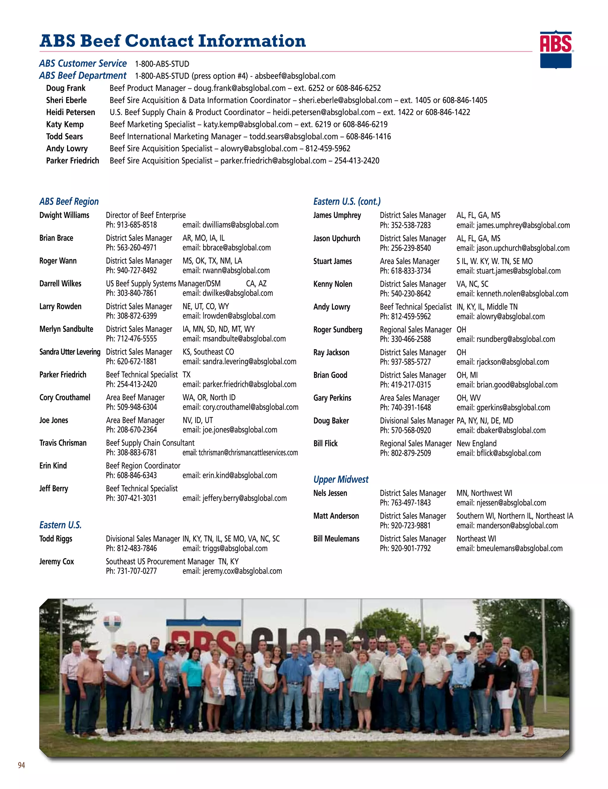 abS beef Contact information
     ABS Customer Service	 1-800-ABS-STUD	
     ABS Beef Department	 1-800-ABS-STUD	(press	option	#4)	-	absbeef@absglobal.com
     	 Doug Frank	          Beef	Product	Manager	–	doug.frank@absglobal.com	–	ext.	6252	or	608-846-6252
     	 Sheri Eberle	        Beef	Sire	Acquisition		Data	Information	Coordinator	–	sheri.eberle@absglobal.com	–	ext.	1405	or	608-846-1405
       Heidi Petersen		     U.S.	Beef	Supply	Chain		Product	Coordinator	–	heidi.petersen@absglobal.com	–	ext.	1422	or	608-846-1422
     	 Katy Kemp		          Beef	Marketing	Specialist	–	katy.kemp@absglobal.com	–	ext.	6219	or	608-846-6219
       Todd Sears	          Beef	International	Marketing	Manager	–	todd.sears@absglobal.com	–	608-846-1416
       Andy Lowry	          Beef	Sire	Acquisition	Specialist	–	alowry@absglobal.com	–	812-459-5962
       Parker Friedrich	    Beef	Sire	Acquisition	Specialist	–	parker.friedrich@absglobal.com	–	254-413-2420	



     ABS Beef Region                                                                             Eastern U.S. (cont.)
     Dwight Williams		     Director	of	Beef	Enterprise                                           James Umphrey		    District	Sales	Manager		 AL,	FL,	GA,	MS
     	                     Ph:	913-685-8518		        email:	dwilliams@absglobal.com              	                  Ph:	352-538-7283	        email:	james.umphrey@absglobal.com
     Brian Brace 	         District	Sales	Manager		 AR,	MO,	IA,	IL                               Jason Upchurch		   District	Sales	Manager		 AL,	FL,	GA,	MS
     	                     Ph:	563-260-4971		       email:	bbrace@absglobal.com                  	                  Ph:	256-239-8540	        email:	jason.upchurch@absglobal.com
     Roger Wann 	          District	Sales	Manager		 MS,	OK,	TX,	NM,	LA                           Stuart James		     Area	Sales	Manager		     S	IL,	W.	KY,	W.	TN,	SE	MO
     	                     Ph:	940-727-8492	        email:	rwann@absglobal.com                   	                  Ph:	618-833-3734	        email:	stuart.james@absglobal.com
     Darrell Wilkes		      US	Beef	Supply	Systems	Manager/DSM		        CA,	AZ                    Kenny Nolen		      District	Sales	Manager		 VA,	NC,	SC
     	                     Ph:	303-840-7861	       email:	dwilkes@absglobal.com                  	                  Ph:	540-230-8642	        email:	kenneth.nolen@absglobal.com
     Larry Rowden		        District	Sales	Manager		 NE,	UT,	CO,	WY                               Andy Lowry		       Beef	Technical	Specialist		 IN,	KY,	IL,	Middle	TN
     	                     Ph:	308-872-6399	        email:	lrowden@absglobal.com                 	                  Ph:	812-459-5962	           email:	alowry@absglobal.com
     Merlyn Sandbulte		    District	Sales	Manager		 IA,	MN,	SD,	ND,	MT,	WY                       Roger Sundberg 	   Regional	Sales	Manager		 OH
     	                     Ph:	712-476-5555	        email:	msandbulte@absglobal.com              	                  Ph:	330-466-2588	        email:	rsundberg@absglobal.com	
     Sandra Utter Levering	 District	Sales	Manager		 KS,	Southeast	CO                            Ray Jackson 	      District	Sales	Manager		 OH
     	                      Ph:	620-672-1881	        email:	sandra.levering@absglobal.com	       	                  Ph:	937-585-5727	        email:	rjackson@absglobal.com
     Parker Friedrich		    Beef	Technical	Specialist		 TX                                        Brian Good		       District	Sales	Manager		 OH,	MI
     	                     Ph:	254-413-2420		          email:	parker.friedrich@absglobal.com     	                  Ph:	419-217-0315	        email:	brian.good@absglobal.com
     Cory Crouthamel		     Area	Beef	Manager		       WA,	OR,	North	ID	                           Gary Perkins 	     Area	Sales	Manager		     OH,	WV
     	                     Ph:	509-948-6304	         email:	cory.crouthamel@absglobal.com        	                  Ph:	740-391-1648	        email:	gperkins@absglobal.com
     Joe Jones		           Area	Beef	Manager		       NV,	ID,	UT                                  Doug Baker 	       Divisional	Sales	Manager		PA,	NY,	NJ,	DE,	MD
     	                     Ph:	208-670-2364	         email:	joe.jones@absglobal.com              	                  Ph:	570-568-0920	         email:	dbaker@absglobal.com
     Travis Chrisman	      Beef	Supply	Chain	Consultant                                          Bill Flick		       Regional	Sales	Manager		 New	England
     	                     Ph:	308-883-6781	       email:	tchrisman@chrismancattleservices.com   	                  Ph:	802-879-2509	        email:	bflick@absglobal.com
     Erin Kind 	           Beef	Region	Coordinator
     	                     Ph:	608-846-6343	       email:	erin.kind@absglobal.com
                                                                                                 Upper Midwest
     Jeff Berry 	          Beef	Technical	Specialist
                                                                                                 Nels Jessen		      District	Sales	Manager		 MN,	Northwest	WI
     	                     Ph:	307-421-3031	         email:	jeffery.berry@absglobal.com
                                                                                                 	                  Ph:	763-497-1843	        email:	njessen@absglobal.com
                                                                                                 Matt Anderson		    District	Sales	Manager		 Southern	WI,	Northern	IL,	Northeast	IA
     Eastern U.S.                                                                                	                  Ph:	920-723-9881	        email:	manderson@absglobal.com
     Todd Riggs		          Divisional	Sales	Manager		IN,	KY,	TN,	IL,	SE	MO,	VA,	NC,	SC           Bill Meulemans		   District	Sales	Manager		 Northeast	WI
     	                     Ph:	812-483-7846	         email:	triggs@absglobal.com                 	                  Ph:	920-901-7792	        email:	bmeulemans@absglobal.com
     Jeremy Cox		          Southeast	US	Procurement	Manager		TN,	KY		
     	                     Ph:	731-707-0277	      email:	jeremy.cox@absglobal.com




94
 