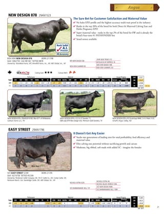 NEW DESIGN 878                             29AN1523
                                                                                           The Sure Bet for Customer Satisfaction and Maternal Value
                                                                                           4  oholesEPDprofileandthehighestaccuracymulti-traitproofintheindustry
                                                                                             N
                                                                                           4 Ranksinthetop20%ofthebreedforbothDirectMaternalCalvingEaseand
                                                                                            HeiferPregnancyEPD
                                                                                           4 Supermaternalvalue-ranksinthetop2%ofthebreedfor$Wandisalreadythe
                                                                                            breed’sfour-time#1PATHFINDERSire
                                                                                           4 Sexedsemenavailable

                                                                   Rock Solid
                                                                          A.I.
                                                                       Proven
                                                                   .99 Accuracy
BON VIEW NEW DESIGN 878           BORN 2/17/98                                                                          VDAR NEW TREND 315
AAA 13062750 CAA 981361 TATTOO #878                                                   B/R NEW DESIGN 036
                                                                                                                        B/R BLACKCAP EMPRESS 76
Owned by: Woodland Farms, MT; Woodhill Farms, Inc., WI; ABS Global, Inc., WI
                                                                                                                        BON VIEW BANDO 598
                                                                                      BON VIEW GAMMER 85
                                                                                                                        BON VIEW GAMMER 233

                                     Calving Ease:   ★★★            Carcass Merit:
      _______________ Performance ________________ _________________ Maternal ________________ ________ Carcass _________ ____ Groups/Progeny ____
                                                                                                                                                                        $EN    +3.57
                                                                                                                                      Ultrasound
 Trait CED   BW    WW      YW RADG YH         SC    CEM MILK Hd/Dts MW         MH    HP   DOC   CW MARB REA          FAT Carcass Steer        Total                     $W     +35.47
  EPD      +9    +1.3   +43   +82    +.21    +0.4    +.44    +11    +29   3539       +15   +0.5   +9.5     +4     +15   +.47   -.05   +.015    113    34     8925        $G    +23.86
  ACC      .97    .99   .98   .97     .73     .97     .97    .94    .97   15031      .94    .94    .79     .93    .84    .85    .85    .85     269    54     21049       $B    +45.93     Top 25%
                                                                                                                                                                              Fall 2011




NEW DESIGN 878 x TRAVELER 8180, Rita 4371 of Whitestone,              NEW DESIGN 878 x G D A R Traveler 71,                                   NEW DESIGN 878 x R R Scotchcap 9440, S A V Pride 3135,
Sullivan Farms LLC, TN                                                EB Lady 878 New Design 432, Premium Gold Genetics, TX                  Schaffs Angus Valley, ND



 EASY STREET                     29AN1796
                                                                                           It Doesn't Get Any Easier
                                                                                           4  tackstwogenerationsofleadingsiresfortotalprofitability,feedefficiencyand
                                                                                             S
                                                                                             maternalvalue
                                                                                           4 Elitecalvingeasepotentialwithoutsacrificinggrowthandcarcass
                                                                                           4 Moderate,bigribbed,softmadewithaddedSC-imaginethefemales




SITZ EASY STREET 523W                         BORN 2/1/09
AAA 16274758 TATTOO #523W
Owned by: Pembrook Cattle Company, OK; 74-51 Cattle Co., OK; Conley Cattle, OK;
Partisover Ranch, GA; Standridge Cattle, OK; ABS Global, Inc., WI
                                                                                                                        NICHOLS EXTRA H6
                                                                                      NICHOLS EXTRA K205
                                                                                                                        NICHOLS BLACK HEIRESS F346
                                                                                                                        SITZ NEW DESIGN 458N
                                                                                      SITZ BARBARAMERE NELL 73T
                                                                                                                        SITZ BARBARAMERE NELL 109R


         _______________ Performance ________________ _________________ Maternal ________________ ________ Carcass _________ ____ Groups/Progeny ____
                                                                                                                                                                        $EN    -12.08
                                                                                                                                         Ultrasound
 Trait    CED   BW    WW      YW RADG YH         SC    CEM MILK Hd/Dts MW         MH    HP   DOC   CW MARB REA          FAT Carcass Steer        Total                  $W     +28.55
  EPD     +13    -1.2   +52   +105                   +1.57   +14    +29     0                     I+11.4          +19   +.56   +.28   +.022     0      0       0         $G    +29.49
  ACC     .31     .37   .28    .28                    .34    .18    .20     0                       .05           .18    .23    .26    .21      0      0       0         $B    +58.88     Top 25%
                                                                                                                                                                              Fall 2011
                                                                                                                                                                                                       21
 