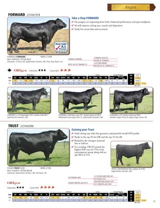 FORWARD                     237AN1978
                                                                                            Take a Step FORWARD
                                                                                            4  isprogenyareimpressingfrombothabalancedperformanceandtypestandpoint
                                                                                              H
                                                                                            4 Hewillimprovecalvingease,muscleanddisposition
                                                                                            4 Studyhiscarcassdataandaccuracies




                                                                      Rock Solid
                                                                               A.I.
                                                                             Proven
                                                                      .91 Accuracy
CONNEALY FORWARD                                 BORN 1/14/06                                                            CONNEALY LEAD ON
AAA 15491633 TATTOO #623                                                               CONNEALY ONWARD
                                                                                                                         ALTUNE OF CONANGA
Owned by: 7L Farms, MS; Sydenstricker Genetics, MO; Three Trees Ranch, GA
                                                                                                                         G A R GRID MAKER
                                                                                       BECKY LEE OF CONANGA 74
                                                                                                                         BECKON LEE OF CONANGA 73

                              Calving Ease:   ★★★             Carcass Merit:
      _______________ Performance ________________ _________________ Maternal ________________ ________ Carcass _________ ____ Groups/Progeny ____
                                                                                                                                                                        $EN    -2.47
                                                                                                                                      Ultrasound
 Trait CED   BW    WW      YW RADG YH         SC    CEM MILK Hd/Dts MW         MH    HP   DOC   CW MARB REA          FAT Carcass Steer        Total                     $W    +35.48
  EPD    +14    +1.6   +60    +113    +.10      +0.3   +.57     +12    +24     30     +2    +0.4   +6.6   +27     +31    +.35   +.86    +.019    16     0      268       $G   +28.25
  ACC    .70     .91   .87     .80     .59       .85    .81     .39    .49     66     .44    .46    .34   .70     .79     .81    .79     .78     170    0      577       $B   +65.01      Top 25%
                                                                                                                                                                              Fall 2011




FORWARD x G A R Expectation 4915, SydGen Anita 8611,                      FORWARD x EXAR New Look 2971, SydGen Liberty GA 8627,                 FORWARD x EXT, SydGen Blackcap 8942,
Sydenstricker Genetics, MO                                                Wiederstein Pure Angus Farm, IA; Sydenstricker Genetics, MO           Herbster Angus Farms  Legacy Angus Farms, NE



 TRUST            237AN2096
                                                                                            Gaining your Trust
                                                                                            4  olidcalvingeasewithelitegenomicsandpowerfuloverallEPDprofile
                                                                                              S
                                                                                            4 Ranksinthetop2%for$Wandthetop1%for$B
                                                                                            4 Backedbythestrongestmaternal
                                                                                             lineatSydGen
                                                                                            4   Asayearling,TRUSTpostedthe
                                                                                               highestIMFscan(6.71%)inhis
                                                                                               contemporarygroupalongwithan
                                                                                               adj,REAof15.6




SYDGEN TRUST 6228                                BORN 2/7/06                                                                                     TRUST x DESTINATION 928, SydGen Di 9795,
AAA 15354674 TATTOO #6228                                                                                                                        Sydenstricker Genetics, MO
Owned by: Sydenstricker Genetics, MO; JMJ Ranch, OK
                                                                                                                         C A FUTURE DIRECTION 5321
                                                                                       SCR PROMISE 4042
                                                                                                                         SCR QUEEN 2167
                                                                                                                         BON VIEW NEW DESIGN 1407
                                                                                       SYDGEN FOREVER LADY 4413
                                                                                                                         S A F FOREVER LADY 0182
Calving Ease:   ★★★            Carcass Merit:
      _______________ Performance ________________ _________________ Maternal ________________ ________ Carcass _________ ____ Groups/Progeny ____
                                                                                                                                                                        $EN    -5.29
                                                                                                                                      Ultrasound
 Trait CED   BW    WW      YW RADG YH         SC    CEM MILK Hd/Dts MW         MH    HP   DOC   CW MARB REA          FAT Carcass Steer        Total                     $W    +35.56
  EPD    +13    +0.0   +57    +92     +.16      +0.4   +.71     +13    +27      1     +46   +1.1   +7.4   +24     +47    +.89   +.95    +.018     4     0      22        $G   +40.04
  ACC    .53     .73   .62    .51      .33       .61    .51     .15    .21      1     .11    .13    .19   .55     .40     .48    .44     .42      6     0      35        $B   +76.04      Top 25%
                                                                                                                                                                              Fall 2011
                                                                                                                                                                                                    23
 