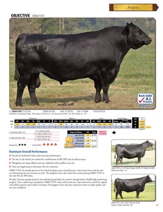 OBJECTIVE                   29AN1574




                                                                                                                                                                                     Rock Solid
                                                                                                                                                                                                 A.I.
                                                                                                                                                                                           Proven
                                                                                                                                                                                     .98 Accuracy

S S OBJECTIVE T510 0T26                          BORN 4/25/00         AAA 13776378          CAA 1179389            TATTOO #0T26
Owned by: Sunnyslope Angus, MN; Quaker Hill Farm LLC, VA; Brownwood Farm, VA; ABS Global, Inc., WI

          _______________ Performance ________________ _________________ Maternal ________________ ________ Carcass _________ ____ Groups/Progeny ____
                                                                                                                                                                               $EN     -7.65
                                                                                                                                                               Ultrasound
  Trait    CED    BW     WW    YW      RADG     YH      SC     CEM   MILK Hd/Dts MW       MH       HP    DOC      CW       MARB   REA    FAT     Carcass   Steer       Total   $W     +44.20
  EPD      +12   +1.0    +70   +124     +.07    +0.5   +.12    +8    +30   766    +65     +0.5    +3.8   +5       +5       +.78   +.67   -.039     44      48         5712      $G    +46.09
  ACC      .95    .98    .97    .96      .76     .97    .97    .88   .91   3198   .89      .89     .81   .95      .78       .80    .80    .79      123     108        17087     $B    +68.88     Top 25%
                                                                                                                                                                                     Fall 2011
                                      D H D TRAVELER 6807
S S TRAVELER 6807 T510                                                            Angus Sire Alliance    EPD      Rank
                                      S S MISS HI SPADE A114
                                                                                         Shear Force (lb) -.22 Top 30%
                                      S S RITO RITO R76 R011
S S MISS RITA R011 7R8                                                                    Intake (lb/day) +.92
                                      S S MISS ULTRESS U56
                                                                                            ADG (lb/day) +.09 Top 20%
                                                                                         Efficiency Index -$5.45
Calving Ease:   ★★★            Carcass Merit:
                                                                                        Total Profit Index $75.28 Top 4%


Dominant Overall Performance
4  xcelsforbothbeefvalueandmaternalperformance
  E
4 Nosireinthebreedcanmatchhiscombinationof$B,$Wandoverallaccuracy
4 Daughtersaredeepribbedandniceudderedwithexcellentteatsize
4 Sonsarebeginningtodominatethesiresummary
                                                                                                                                               OBJECTIVE x G A R New Design 5050, SH Objective 9001,
OBJECTIVEhasalreadyproventobeabreedleadingsourceofperformanceandcarcassmeritandhissons                                      Hillhouse Angus, TX
aredominatingthesiresummaryaswell.HisdaughtershavealsomadetheirmarkpushingOBJECTIVEto
themid40'sfor$WIndex.
Hedidn'tbecomepopularbasedonhisindividualgoodlooks,heearneditthroughalmost20,000highperforming
progeny.Fromaphenotypestandpoint,OBJECTIVEcalveswillexceedyourexpectationsforoveralleyeappeal
withaddedcapacityandexcellentribshape.Hisdaughtershavealsobeenimpressivefromanudderqualityand
teatsizestandpoint.




                                                                                                                                               OBJECTIVE x EXT, OSU Empress 8139,
                                                                                                                                               Express Angus Ranches, OK                                   29
 