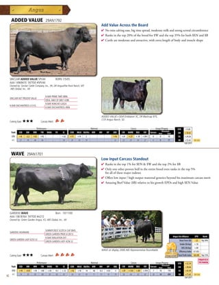 ADDED VALUE                         29AN1792
                                                                                               Add Value Across the Board
                                                                                               4  omisscalvingease,bigtimespread,moderatemilkandstrongscrotalcircumference
                                                                                                 N
                                                                                               4 Ranksinthetop20%ofthebreedfor$Wandthetop35%forboth$ENand$B
                                                                                               4 Cattlearemoderateandattractive,withextralengthofbodyandmuscleshape




     SINCLAIR ADDED VALUE 5PV44                      BORN 1/5/05
     AAA 14969470 TATTOO #5PV44
     Owned by: Sinclair Cattle Company, Inc., PA; DR Angus/Flat Rock Ranch, MT;
     ABS Global, Inc., WI


                                          N BAR PRIME TIME D806
     SINCLAIR NET PRESENT VALUE
                                          IDEAL 4465 OF 6807 4286
                                          N BAR HONCHO U2024
     N BAR ENCHANTRESS U131G
                                          N BAR ENCHANTRESS 4906


                                                                                               ADDED VALUE x DDA Emblazon 3C, DR Blackcap 975,
                                                                                               CCK Angus Ranch, SD
     Calving Ease:    ★★★           Carcass Merit:

              _______________ Performance ________________ _________________ Maternal ________________ ________ Carcass _________ ____ Groups/Progeny ____
                                                                                                                                                                                 $EN      +5.60
                                                                                                                                                            Ultrasound
      Trait    CED     BW     WW    YW     RADG      YH     SC      CEM   MILK Hd/Dts MW     MH     HP     DOC   CW    MARB    REA     FAT    Carcass   Steer       Total        $W       +30.02
       EPD      +8     -2.2   +52   +92                     +.62    +11   +14     2                        +16   +24   +.57    +.18   +.041     0        0           10           $G      +24.36
       ACC      .57     .78   .68   .56                      .54    .29   .34     19                       .32   .22    .29     .34    .27      0        0           77           $B      +53.42      Top 25%
                                                                                                                                                                                          Fall 2011




      WAVE             29AN1701
                                                                                               Low Input Carcass Standout
                                                                                               4  anksinthetop1%for$EN$Wandthetop2%for$B
                                                                                                 R
                                                                                               4 Onlyoneotherprovenbullintheentirebreedevenranksinthetop5%
                                                                                                forallofthesemajorindexes
                                                                                               4 Offerslowinput/highoutputmaternalgeneticsbeyondhismaximumcarcassmerit
                                                                                               4 AmazingBeefValue($B)relativetohisgrowthEPDsandhigh$ENValue




     GARDENS WAVE                                    Born 10/11/00
     AAA 13818764 TATTOO #A272
     Owned by: Green Garden Angus, KS; ABS Global, Inc., WI



                                          SUMMITCREST SCOTCH CAP 0B45
     GARDENS HIGHMARK
                                          GREEN GARDEN PRIDE 6128 S1
                                                                                                                                                                            Angus Sire Alliance       EPD       Rank
                                          N BAR EMULATION EXT
     GREEN GARDEN LADY 6255 S2                                                                                                                                                     Shear Force (lb) -.22 Top 30%
                                          GREEN GARDEN LADY 4256 S2
                                                                                                                                                                                    Intake (lb/day) +.10
                                                                                                                                                                                      ADG (lb/day) +.00
                                                                                               WAVE on display 2008 ABS Representative Roundtable
                                                                                                                                                                                   Efficiency Index $(1.85)
     Calving Ease:    ★★★           Carcass Merit:                                                                                                                                Total Profit Index $63.08 Top 15%

              _______________ Performance ________________ _________________ Maternal ________________ ________ Carcass _________ ____ Groups/Progeny ____
                                                                                                                                                                                 $EN      +32.54
                                                                                                                                              Ultrasound
      Trait    CED   BW    WW      YW RADG YH         SC    CEM MILK Hd/Dts MW         MH    HP   DOC   CW MARB REA          FAT Carcass Steer        Total                      $W       +38.66
       EPD     +10     +0.0   +36   +60     +.02     -0.2   +.52    +16   +10     14   -46   -0.3   +9.0    -3   +29   +1.03   +.84   +.018     7        16         178           $G      +43.49
       ACC     .74      .85   .85   .80      .50      .85    .81    .50   .61     93   .71    .72    .10   .70   .58    .64     .63    .61      28       54         494           $B      +71.65      Top 25%
42                                                                                                                                                                                        Fall 2011
 