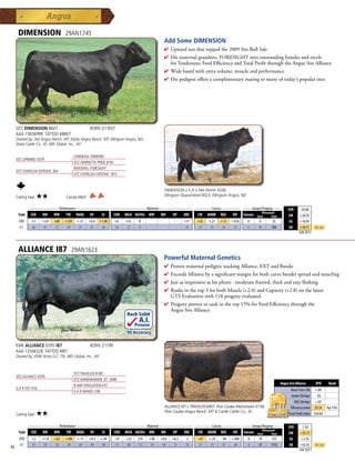 DIMENSION                     29AN1745
                                                                                               Add Some DIMENSION
                                                                                               4  pwardsonthattoppedthe2009SitzBullSale
                                                                                                 U
                                                                                               4 Hismaternalgrandsire,FORESIGHTsiresoutstandingfemalesandexcels
                                                                                                forTenderness,FeedEfficiencyandTotalProfitthroughtheAngusSireAlliance
                                                                                               4 Widebasedwithextravolume,muscleandperformance
                                                                                               4 Hispedigreeoffersacomplimentarymatingtomanyoftoday'spopularsires




     SITZ DIMENSION 8607                              BORN 2/19/07
     AAA 15656999 TATTOO #8607
     Owned by: Sitz Angus Ranch, MT; Mytty Angus Ranch, MT; Ellingson Angus, ND;
     Shaw Cattle Co., ID; ABS Global, Inc., WI


                                           CONNEALY ONWARD
     SITZ UPWARD 307R
                                           SITZ HENRIETTA PRIDE 81M
                                           WOODHILL FORESIGHT
     SITZ EVERELDA ENTENSE 264
                                           SITZ EVERELDA ENTENSE 1872


                                                                                               DIMENSION x S A V Net Worth 4200,
     Calving Ease:    ★★            Carcass Merit:                                             Ellingson Quaranteed 0023, Ellingson Angus, ND

              _______________ Performance ________________ _________________ Maternal ________________ ________ Carcass _________ ____ Groups/Progeny ____
                                                                                                                                                                                 $EN      -24.08
                                                                                                                                                            Ultrasound
      Trait    CED     BW     WW    YW      RADG     YH      SC     CEM   MILK Hd/Dts MW     MH     HP     DOC    CW    MARB   REA     FAT    Carcass   Steer       Total        $W       +26.92
       EPD      +3    +3.8    +69   +124    +.15     +0.4   +1.90   +6    +35    0                         +11   +52    +.27   +.51   +.016     0        0          25            $G      +16.95
       ACC      .46    .81    .72    .64     .37      .55    .68    .16   .22    0                         .18   .25     .35    .36    .33      0        0          104           $B      +58.57      Top 25%
                                                                                                                                                                                          Fall 2011




      ALLIANCE I87                       29AN1623
                                                                                               Powerful Maternal Genetics
                                                                                               4 ProvenmaternalpedigreestackingAlliance,EXTandBando
                                                                                               4 ExceedsAlliancebyasignificantmarginforbothcurvebenderspreadandmuscling
                                                                                               4 Justasimpressiveashisphoto-moderateframed,thickandeasyfleshing
                                                                                               4 Ranksinthetop3forbothMuscle(+2.0)andCapacity(+2.8)onthelatest
                                                                                                GTSEvaluationwith118progenyevaluated
                                                                                               4 Progenyproventorankinthetop15%forFeedEfficiencythroughthe
                                                                                                AngusSireAlliance
                                                                           Rock Solid
                                                                                 A.I.
                                                                                Proven
                                                                          .95 Accuracy

     KMK ALLIANCE 6595 I87                            BORN 2/1/99
     AAA 13346328 TATTOO #I87
     Owned by: KMK Acres LLC, TN; ABS Global, Inc., WI



                                           SITZ TRAVELER 8180
     SITZ ALLIANCE 6595
                                           SITZ BARBARAMERE JET 2698
                                                                                                                                                                            Angus Sire Alliance       EPD       Rank
                                           N BAR EMULATION EXT
     G A R EXT 916                                                                                                                                                                 Shear Force (lb) +.09
                                           G A R BANDO 338
                                                                                                                                                                                    Intake (lb/day) -.02
                                                                                                                                                                                      ADG (lb/day) +.07
                                                                                               ALLIANCE I87 x TRAVELER 6807, Pine Coulee Mainstream X158,                          Efficiency Index $9.34 Top 15%
                                                                                               Pine Coulee Angus Ranch, MT  Cartle Cattle Co., ID
     Calving Ease:    ★★                                                                                                                                                          Total Profit Index $54.69

              _______________ Performance ________________ _________________ Maternal ________________ ________ Carcass _________ ____ Groups/Progeny ____
                                                                                                                                                                                 $EN       -1.56
                                                                                                                                              Ultrasound
      Trait    CED   BW    WW      YW RADG YH         SC    CEM MILK Hd/Dts MW         MH    HP   DOC   CW MARB REA          FAT Carcass Steer        Total                      $W       +35.72
       EPD      +2     +1.8   +63   +106     +.11    +0.3   +.44    +9    +22    214   +40   +0.6   +8.2    -2    +47   +.29   -.04   +.046      0       14         515           $G      +3.76
       ACC      .81     .95   .93    .90      .66     .89    .89    .72   .84    712   .59    .58    .25   .70    .37    .51    .47    .46       0       27         1552          $B      +42.41      Top 25%
46                                                                                                                                                                                        Fall 2011
 