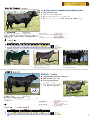 SHERIFF TAYLOR                               29SM0402
                                                                                                   3/4 Sim Genetics with Proven Phenotype and Marketability
                                                                                                   4  omozygousblack,polled
                                                                                                     H
                                                                                                   4 Thick,stoutandincrediblyattractive
                                                                                                   4 Progenyarephenotypicstandoutsacrossthecountry
                                                                                                   4 Potentialmaternalpowerhouse:3CMACHOxAuntBea(WMWDaughter)




STCC SHERIFF TAYLOR                 BORN 3/15/07                                                                                MEYER RANCH 734
ASA 2398913 CSA BPTRS 705032 3/4 SM, 1/8 MX, 1/8 MA                                          3C MACHO M450 BZ
                                                                                                                                3C CROCUS H112 B
Owned by: Nowatzke Cattle Co, MI; Trennepohl Family Farms, IN; Rist Show Cattle, IN;
Sargent Show Cattle, TX; Bob May, WI; Tuell Cattle Co, CO; Wagonhammer Cattle Co, NE;                                           WHO MADE WHO 411F
                                                                                             AUNT BEA
ABS Global, Inc., WI                                                                                                            TREE LANE BLACK MOLLY

             Calving Ease:   ★★
      _______ Performance _______ ________ Maternal ________ ______________ Carcass _______________
 Trait CED    BW      WW     YW    MCE MILK MWW STAY           CW    YG MARB BF          REA SHR
  EPD                +0.8    +21.4 +38.8             +5.3   +16.0           -13.1    -.07   +.19    +.00   +.08          $API     $95
  ACC                 .76     .64   .57               .27    .28             .46      .26    .23     .28    .22           $TI     $52    Top 25%
         Fall 2011




Dam - Aunt Bea                                                                SHERIFF TAYLOR x OCC Legend 616L,                                    SHERIFF TAYLOR x Meyer Ranch 734, STCC Taylor Swift 347W,
                                                                              Sassy's Sweatheart, Dryer Farms, IL                                  Trennepohl Family Farms, IN



 MACHO                      29SM0371
                                                                                                   The Star for Phenotype
                                                                                                   4  omozygousblack,heterozygouspolled/scurred
                                                                                                     H
                                                                                                   4 Amustusesiretoaddeyeappeal
                                                                                                   4 Meyer'slikephenotypewith
                                                                                                    considerablymoregrowth
                                                                                                   4 MACHO'sprogenyhaveestablished
                                                                                                    himasMeyer's734replacement

                                                                           Rock Solid
                                                                                    A.I.
                                                                               Proven
                                                                           .94 Accuracy
3C MACHO M450 BZ                   BORN 4/17/02                                                                                                    MACHO x WLE Excel, JF Lucy 7090T, Janssen Farms, IA
ASA 2184077 CSA BPG 632915 KN PB SM
Owned by: 3C Christensen Ranch, SD; Chris Christensen, SD; Partisover Ranch, GA;
ABS Global, Inc., WI
                                                                                                                                MR BLACK GX 6W
                                                                                             MEYER RANCH 734
                                                                                                                                MISS GX 728R
                                                                                                                                CIRCLE S LEACHMAN 600U
                                                                                             3C CROCUS H112 B
                                                                                                                                3C CROCUS F759 B
Calving Ease:    ★★                 Carcass Merit:
         _______ Performance _______ ________ Maternal ________ ______________ Carcass _______________
 Trait     CED       BW      WW     YW      MCE      MILK MWW       STAY     CW      YG     MARB    BF     REA    SHR
 EPD       +0.1      +2.8    +37.9 +63.7   +8.2      +5.8   +24.7 +13.0     +4.3    -.07    +.19    -.01   +.15   -.03   $API     $87
 ACC        .84       .94     .93   .93     .79       .92    .92   .40       .60     .57     .78     .81    .77    .31    $TI     $63    Top 25%
         Fall 2011                                                                                                                                                                                        77
 