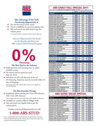ABS	EARLY	FALL	SPECIAL	2011
                                                                           Prices effective for orders placed and shipped by November 30, 2011 or until supplies run out*.
                                                                          ANGUS                                                   Retail        30	unit         50	unit
                                                                          ANGUS
                                                                          29AN1556	LEAD	ON                                          $20            $18            $15
                                                                          29AN1574	OBJECTIVE                                        $30            $25            $22
                                                                          29AN1609	NEW	STANDARD                                     $22            $20            $18
                   Take Advantage of this Early                           29AN1640	IN	FOCUS                                         $40            $35            $30
                    Purchasing Opportunity to                             29AN1644	EXTRA	K205                                       $20            $17            $15
      4 Get the best prices of the season                                 29AN1688	RITO	REVENUE                                     $22            $20            $18
      4 Ensure availability on our most popular sires                     29AN1697	IMPRESSION                                       $30            $25            $22
                                                                          29AN1757	PROGRAM                                          $20            $18            $16
      4 Mix and match any bulls listed to get the                         29AN1779	FRONTMAN                                         $25            $20            $18
        volume prices                                                     29AN1789	FINAL	PRODUCT                                    $25            $22            $20
            *Cannot be used in conjunction with volume discounts          29AN1790	SPECIAL	FOCUS                                    $20            $18            $16
                                                                          29AN1749	CURRENCY                                         $20            $18            $16
                                                                          29AN1751	BRILLIANCE                                       $25            $22            $20
              Ask your Representative for details                         29AN1762	STIMULUS                                         $20            $18            $16
                on the Specials and about our                             237AN2102	HOOVER	DAM                                      $25            $22            $20
                                                                          RED	ANGUS
             ABS exclusive Beef Deferred Program
                                                                          29AR0183	ABOVE		BEYOND                                   $15            $13            $12




              0%
                                                                          29AR0214	LARAMIE                                          $18            $16            $14
                                                                          29AR0225	OLE'S	OSCAR                                      $20            $18            $16
                                                                          29AR0231	NEBULA                                           $20            $18            $17
                                                                          29AR0236	EPIC                                             $22            $20            $18
                                                                          29AR0232	JACKHAMMER                                       $20            $18            $17
                                                                          CHAROLAIS
                                                                          29CH0194	GAIN		GRADE                                     $20            $18            $16
                                                                          29CH0195	GRID	MAKER                                       $20            $18            $16
                                                                          HEREFORD
                           Financing                                      29HH0835	HARLAND                                          $20            $18            $16
             The Best Deal in the Industry                                29HH0838	DOMINO	3027                                      $25            $22            $18
                                                                          29HP0906	RIB	EYE                                          $25            $22            $18
4 Defer payment until weaning time on orders
                                                                          29HP0913	R294                                             $18            $16            $15
  of $600 or more                                                         29HP0914	THOR                                             $25            $22            $18
4 No interest and no payments until                                       SIMMENTAL
  May 10, 2012                                                            29SM0371	MACHO                                            $30            $25            $20
                                                                          29SM0373	DREAM	ON                                        $100            $80            $70
4 Ask about our 3% cash discount in lieu of                               29SM0385	BEEF	MAKER                                      $20             $18            $16
  0% financing. Payments must be received within 10                       29SM0390	SURE	BET                                        $22             $20            $18
  days of shipping                                                        29SM0391	RANCH	HAND                                      $20             $18            $16
                                                                          29SM0402	SHERIFF	TAYLOR                                  $20             $18            $16
    *Payments made with credit or debit cards are not eligible for
    3% cash discount                                                      29SM0403	OLIE                                            $25             $22            $20
                                                                          29SM0404	GLS	COMBINATION                                 $20             $18            $16
                                                                          29SM0407	DUAL	FOCUS                                      $20             $18            $16
                The Best Everyday Pricing                                 29SM0427	SHARPER	IMAGE                                   $20             $18            $16
4 Simplified volume pricing 50+ Units 10% discount                                    ABS	ULTRA	VALUE	SPECIAL
  100+ Units 20% discount                                                 Prices effective for orders placed and shipped by November 30, 2011 or until supplies run out*.
    *Short supply and outsourced bulls may not be eligible for discount   ANGUS                                                   Retail        30	unit         50	unit
                                                                          29AN1523	NEW	DESIGN	878                                  $18           $16             $15
4 Available on mainline ABS  ORIgen bulls                                29AN1530	POWER	DESIGN                                    $18           $15             $14
4 Mix and match any eligible bulls to get the                             29AN1589	FORESIGHT                                       $20           $18             $15
  volume prices                                                           29AN1642	IMAGE	MAKER                                     $20           $18             $16
                                                                          29AN1673	CONTRAST                                        $20           $18             $16
        Contact your local Representative or call                         29AN1679	NEW	DESIGN	458N                                 $20           $18             $16
                                                                          29AN1712	HIGHER	STANDARD                                 $18           $16             $14

         1-800-ABS-STUD                                                   29AN1755	TENDER	TEN
                                                                          29AN1772	TEMPLATE
                                                                                                                                   $18
                                                                                                                                   $20
                                                                                                                                                 $16
                                                                                                                                                 $18
                                                                                                                                                                 $14
                                                                                                                                                                 $16
*Short supply bulls may be removed from the special early. Mix and        29AN1773	RAINMAKER	P175                                  $20           $18             $16
match any bulls listed to get the volume prices. Cannot be used in con-   29AN1788	ADVANTAGE	654                                   $20           $18             $18
junction with normal volume discounts.                                    29AN1792	ADDED	VALUE                                     $18           $16             $15
 