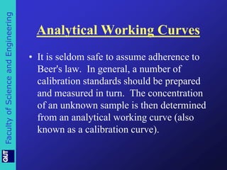 Faculty of Science and Engineering 
Analytical Working Curves 
• It is seldom safe to assume adherence to 
Beer's law. In general, a number of 
calibration standards should be prepared 
and measured in turn. The concentration 
of an unknown sample is then determined 
from an analytical working curve (also 
known as a calibration curve). 
 