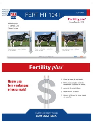 FERT HT 104 I
                                                                                                                                 Extra Milk



                                                                                                                   Provas Dezembro 2011
Média do grupo:
+ 1254 Lbs Leite
Pelagem Escura




                                                                                          ONESHOT
                                      PEPPER




                                                                                                                                          JAYTON
Titanic x Durham x Adan x Blackstar               Titanic x Bw Marshall x Fatal x Elton             Boliver x Aaron x Duster x Bellwood
+1103 Lbs Leite                                   +1285 Lbs Leite                                   +1375 Lbs Leite




                                                                                                       Elevar as taxas de concepção;
Quem usa                                                                                               Diminuir as variações existentes

tem vantagens                                                                                          entre touros e partidas de sêmen;

                                                                                                       Aumento da lucratividade;
e lucra mais!                                                                                          Produzir mais bezerros;

                                                                                                       Reduzir o número de vacas vazias
                                                                                                       no rebanho.




                                                   EMPRENHE SUAS VACAS
                                               Emprenhe suas vacas com esta ideia.
                                                    COM ESTA IDEIA.
 