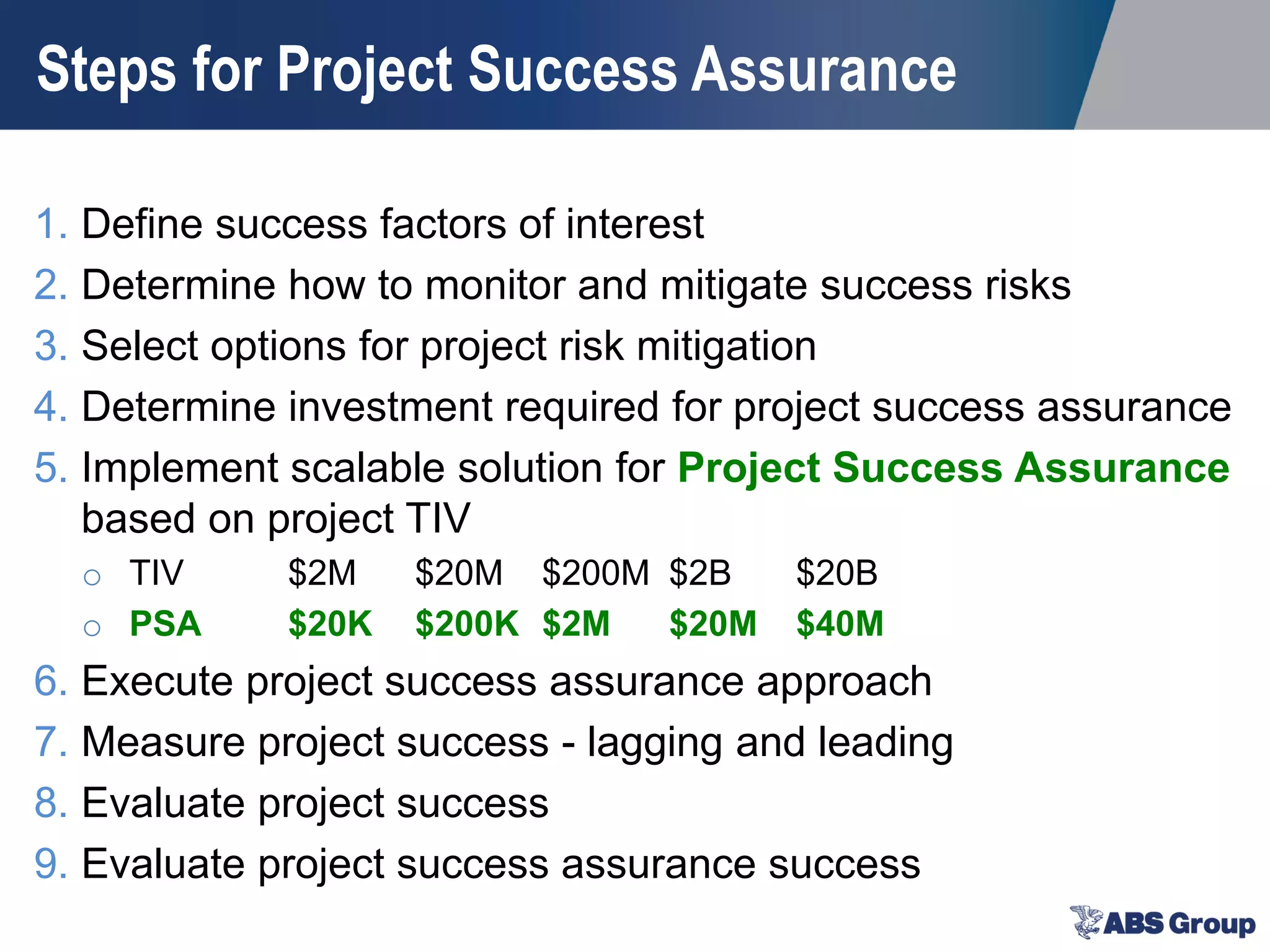 Steps for Project Success Assurance
1. Define success factors of interest
2. Determine how to monitor and mitigate success risks
3. Select options for project risk mitigation
4. Determine investment required for project success assurance
5. Implement scalable solution for Project Success Assurance
based on project TIV
o TIV $2M $20M $200M $2B $20B
o PSA $20K $200K $2M $20M $40M
6. Execute project success assurance approach
7. Measure project success - lagging and leading
8. Evaluate project success
9. Evaluate project success assurance success
 