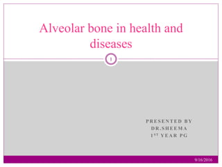 P R E S E N T E D B Y
D R . S H E E M A
1 S T Y E A R P G
1
Alveolar bone in health and
diseases
9/16/2016
 