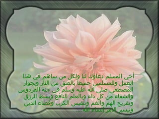 أخي المسلم دعاؤك لنا ولكل من ساهم في هذا العمل وللمسلمين جميعا بالعتق من النار وبجوار المصطفى صلى الله عليه وسلم في جنة الفردوس والشفاء من كل داء وبالعلم النافع وبسط الرزق وتفريج الهم والغم وتنفيس الكرب وقضاء الدين وتيسير الامر إنشاء الله .... 