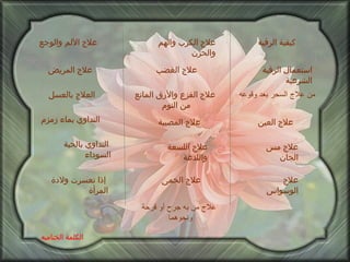 كيفية الرقية استعمال الرقية الشرعية علاج العين   علاج مس الجان   علاج الوسواس   علاج من به جرح أو قرحة ونحوهما   علاج الكرب والهم والحزن   علاج الغضب   علاج الفزع والأرق المانع من النوم   علاج المصيبة   علاج اللسعة واللدغة   علاج الحمى   علاج الألم والوجع   علاج المريض   العلاج بالعسل   التداوي بماء زمزم   التداوي بالحبة السوداء   إذا تعسرت ولادة المرأة من علاج السحر بعد وقوعه الكلمة الختاميه 