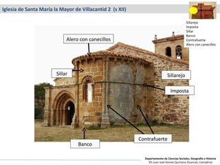 Alero con canecillos Banco Sillar Sillarejo Iglesia de Santa María la Mayor de Villacantid 2  (s XII) Contrafuerte Imposta Sillarejo Imposta Sillar Banco Contrafuerte Alero con canecillos Departamento de Ciencias Sociales, Geografía e Historia IES Juan José Gómez Quintana (Suances, Cantabria) 