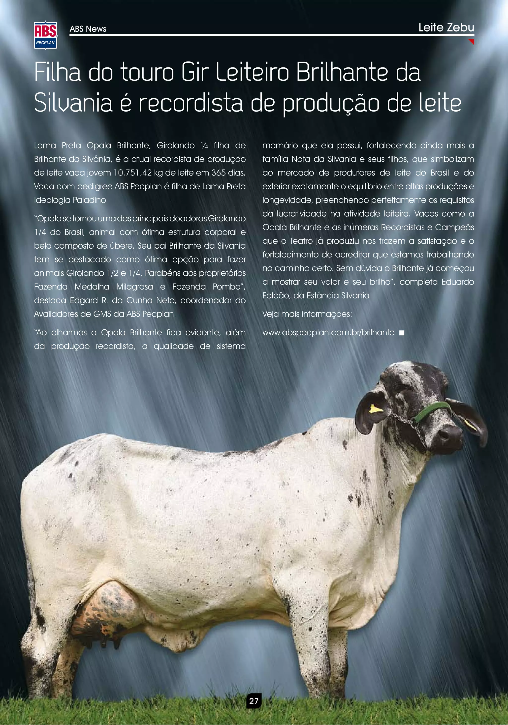 ABS News                                                                                       Leite Zebu



Filha do touro Gir Leiteiro Brilhante da
Silvania é recordista de produção de leite
Lama Preta Opala Brilhante, Girolando ¼ filha de               mamário que ela possui, fortalecendo ainda mais a
Brilhante da Silvânia, é a atual recordista de produção        família Nata da Silvania e seus filhos, que simbolizam
de leite vaca jovem 10.751,42 kg de leite em 365 dias.         ao mercado de produtores de leite do Brasil e do
Vaca com pedigree ABS Pecplan é filha de Lama Preta            exterior exatamente o equilíbrio entre altas produções e
Ideologia Paladino                                             longevidade, preenchendo perfeitamente os requisitos
                                                               da lucratividade na atividade leiteira. Vacas como a
“Opala se tornou uma das principais doadoras Girolando
                                                               Opala Brilhante e as inúmeras Recordistas e Campeãs
1/4 do Brasil, animal com ótima estrutura corporal e
                                                               que o Teatro já produziu nos trazem a satisfação e o
belo composto de úbere. Seu pai Brilhante da Silvania
                                                               fortalecimento de acreditar que estamos trabalhando
tem se destacado como ótima opção para fazer
                                                               no caminho certo. Sem dúvida o Brilhante já começou
animais Girolando 1/2 e 1/4. Parabéns aos proprietários
                                                               a mostrar seu valor e seu brilho”, completa Eduardo
Fazenda Medalha Milagrosa e Fazenda Pombo”,
                                                               Falcão, da Estância Silvania
destaca Edgard R. da Cunha Neto, coordenador do
Avaliadores de GMS da ABS Pecplan.                             Veja mais informações:

“Ao olharmos a Opala Brilhante fica evidente, além             www.abspecplan.com.br/brilhante
da produção recordista, a qualidade de sistema




                                                          27
 