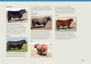 MONUMENT                                        boa musculosidade e um super dado de AOL.        Um dos touros Red Angus de maior
                                                Três gerações de touros provados e forte apelo   musculosidade da ABS. Pedigree totalmente
                                                maternal sendo também Top 1% para valor de       aberto e flexível para uso em vários rebanhos
                                                carne.                                           no Brasil. Touro volumoso, musculoso e com
                                                                                                 alta acurácia para sua prova de crescimento.
                                                ADDED VALUE
                                                                                                 THOR




Animal de pedigree diferenciado em
nossa bateria, com excelentes dados de
crescimento e forte candidato a facilidade de
parto. MONUMENT é um touro de tamanho
moderado, muito profundo e com excelente
                                                Genética do rebanho Sinclair de onde vieram
performance individual. Destacado dado de
                                                vários touros importantes como Excellency,       Genética de Polled Hereford diferenciada!
AOL e Top 3% para Valor de carne!
                                                Prime Time, Emuation. Genética de facilidade     Pedigree aberto para vários rebanhos e um
FINALIST                                        de parto, rápido acabamento e que oferece        touro de alto potencial de crescimento em um
                                                maior capacidade de crescimento que touros       pacote genético de tamanho moderado, muita
                                                da seleção sinclair e positivo para $EN.         musculosidade e pigmentação.

                                                EPIC




Mais uma grande opção de genética de alto
crescimento com 124lbs para peso ao ano.
Touro de biotipo precoce, tamano moderado,


                                                                                                                                                 Pág. 27
 