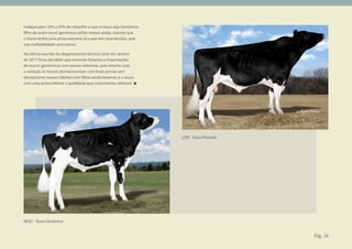 Indique para 10% a 20% do rebanho e caso o touro seja Genômico
filho de outro touro genômico utilize menos ainda, mesmo que
o touro tenha uma prova extrema (é o que tem acontecido), pois
sua confiabilidade será menor.

Na última reunião do departamento técnico Leite em Janeiro
de 2011 ficou decidido que somente faríamos a importações
de touros genômicos com provas extremas, pois mesmo com
a variação os touros permaneceriam com boas provas sem
decepcionar nossos clientes com filhas ainda bezerras e o touro
com uma prova inferior a qualidade que costumamos oferecer.




                                                                  LEVI - Touro Provado




BEAU - Touro Genômico


                                                                                         Pág. 24
 