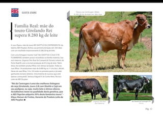 LEITE ZEBU                                                    Ópera da Centrogen (Mãe)
                                                                          8.280,26 kg de leite em 365 dias




    Família Real: mãe do
    touro Girolando Rei
    supera 8.280 kg de leite
A vaca Ópera, mãe do touro REI SHOTTLE DA CENTROGEN FIV, da
bateria ABS Pecplan, fechou sua primeira lactação (em 365 dias)
com um resultado impressionante: 8.280,26 kg de leite.

Com uma linhagem mesmo “real”, Rei (SHOTTLE X CAJU X FB
FLUMINENSE) também possui recordistas na família materna. Sua
avó materna, Organza Três Ilhas foi Campeã do Torneio Leiteiro de
Porto Real/RJ com a incrível produção de 81,6 kg de leite. “Além
disso, ela também produz filhas com ótimas lactações. Todas as
suas filhas 1/4 produziram mais de 6.000 Kg na 1ª cria (lact. oficial).
Várias de suas filhas 1/4 e 3/4 estão no primeiro parto e já estão
ganhando torneios leiteiros. Uma história de sucesso que está
apenas começando”, destaca Edgard R. da Cunha Neto, Técnico
Leite da ABS Pecplan.

“Rei da Centrogen é uma das melhores linhagens
da raça Girolando, touro 5/8 com Shottle e Cajú em
seu pedigree, ou seja, muito leite e ótimos úberes.
Acreditamos tanto na qualidade desta genética, que
a ABS Pepclan adquiriu 50% deste fantástico touro” -
Klaus Hanser de Freitas, Gerente de Produto Leite da
ABS Pecplan
                                                                                               Organza Três Ilhas   Rei Shottle da Centrogen FIV
                                                                                                 (Avó Materna)                 (Touro)


                                                                                                                                        Pág. 12
 