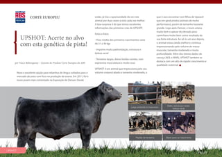 CORTE EUROPEU                                          então, já tive a oportunidade de ver este                  que é raro encontrar com filhos de Upward
                                                                           animal por duas vezes e está cada vez melhor.              que em geral produz animais de muita
                                                                           A boa surpresa é de que temos excelentes                   performance, porém de tamanho bastante
                                                                           informações das primeiras crias de UPSHOT.                 grande. Logo após Denver, o touro estava
                                                                                                                                      muito bem e apesar do elevado peso
                                                                           Fatos e fotos
           UPSHOT: Acerte no alvo
                                                                                                                                      caminhava muito bem como resultado da
                                                                           - Peso médio dos primeiros nascimentos varia               sua forte estrutura. Ao vê-lo um ano depois,

           com esta genética de pista!                                     de 31 a 36 kgs                                             o animal estava ainda melhor e continua
                                                                                                                                      impressionando pelo volume de massa
                                                                           - Imprime muita padronização, estrutura e                  muscular, tamanho moderado e muita
                                                                           beleza racial                                              profundidade. Além dos ótimos dados de
                                                                                                                                      carcaça (AOL e MAR), UPSHOT também se
                                                                           - Terneiros largos, dorso-lombo correto, com
                                                                                                                                      destaca com um alto de rápido crescimento e
     por Vasco Beheregaray – Gerente de Produto Corte Europeu da ABS       expressiva musculatura e muito osso
                                                                                                                                      qualidade maternal.
                                                                           UPSHOT é um animal que impressiona pelo seu
         Nova e excelente opção para rebanhos de Angus voltados para o     volume corporal aliado a tamanho moderado, o
         mercado de pista com foco na produção de touros. Em 2011, foi o
         touro jovem mais comentado na Exposição de Denver. Desde




                                                                                                                                               Estilo, estrutura e muita
                                                                                                           Largo profundo e musculoso
                                                                                                                                                      beleza racial




                                                                                                                Padrão de terneiros           Baixo peso ao nascimento




UPSHOT
                                                                                                                                                                           Pág. 05
 
