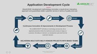 Application Development Cycle
Discovery Discussion Definition Design
Delivery Deployment Difficulty Development
Continuous Innovation & Improvements in Development Process
We at ABSOLINSOFT will believe in technology and security, all our
applications/solutions follow the mentioned cyclic process to happy our
customers. We believe in demand, our development cycle start from the
customers’ demand.
Absolin Software Solutions LLP
www.absolinsoft.com
AbsolinSofts' development methodology promotes a result-driven interactive
approach and guarantees better customer service in terms of quality and cost
DELIVERING MULTI-SITE MULTI-VENDOR PROJECTS WITH MIXED TEAMS
 